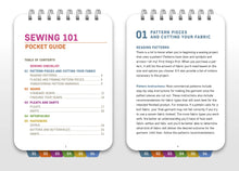 Load image into Gallery viewer, Sewing pocket guide with table of contents and introductory text on a white background