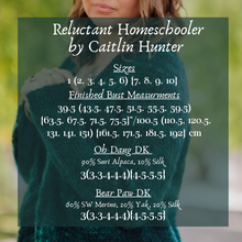 Load image into Gallery viewer, Person wearing a green sweater with text about clothing sizes and yarn details.