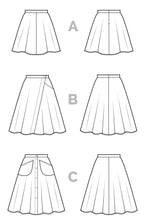 Load image into Gallery viewer, Line drawings of three different styles of skirts labeled A, B, and C on a white background.