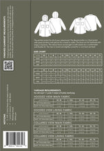 Load image into Gallery viewer, Back cover of a jacket with size chart, yardage requirements, and measurements on a green background.