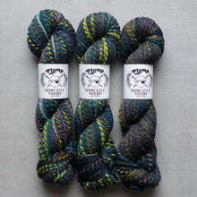 Load image into Gallery viewer, Three skeins of multicolored yarn with Spincycle Yarns labels on a gray background