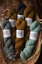 Load image into Gallery viewer, Basket of yarn skeins with labels on a wooden surface