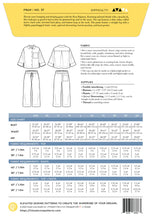 Load image into Gallery viewer, Pattern envelope back with fabric requirements chart and size chart for a top and pants set.