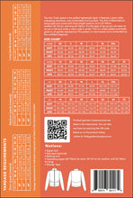 Load image into Gallery viewer, Back of a jacket pattern package with size chart, QR code, and barcode on an orange background