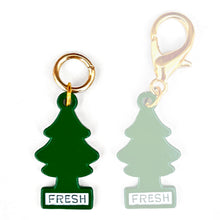Load image into Gallery viewer, Two tree-shaped 'Fresh' air freshener tags with gold clips on a white background.