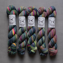 Load image into Gallery viewer, Five skeins of multicolored yarn with Spincycle Yarns labels on a gray background