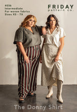 Load image into Gallery viewer, Two women wearing 'The Donny Shirt' from Friday Pattern Co. with text about fabric size and pattern.