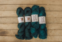 Load image into Gallery viewer, Three skeins of teal yarn on a wooden surface with labels.