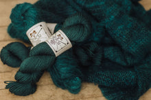 Load image into Gallery viewer, Teal yarn skeins with labels on a wooden surface