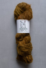 Load image into Gallery viewer, Ball of brown yarn with a label on a gray background