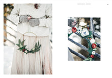 Load image into Gallery viewer, Person wearing a white sweater and gray gloves with a floral wreath, next to a close-up of a floral wreath on a fence.