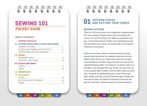 Sewing pocket guide with table of contents and introductory text on a white background