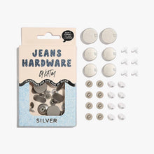 Load image into Gallery viewer, Silver jeans hardware kit with packaging on a white background