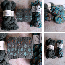 Load image into Gallery viewer, A 2x2 collage showing multiple skeins and swatches of yarn and knitted fabric. The yarn appears in dark charcoal gray, teal-blue, and multicolor variegated shades with white paper labels.