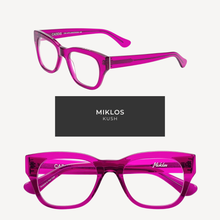 Load image into Gallery viewer, Pink eyeglasses with 'Miklos' branding on a white background