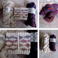 Load image into Gallery viewer, A four-panel collage showing skeins of yarn and knitted swatches. The yarn comes in cream, beige, and dark purple-blue variegated colors, with patterned knitted swatches showing red, blue, and brown stitches.