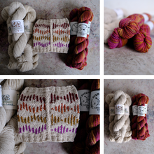 Load image into Gallery viewer, A 2x3 collage showing multiple skeins of variegated yarn and a matching knitted swatch. The yarn comes in cream, rust red, orange, and purple tones, with one swatch knitted from the variegated yarn to show the color pattern.