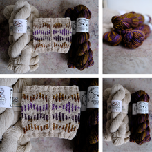 Load image into Gallery viewer, A collage showing multiple skeins of yarn and a knitted swatch from Spring Creek Yarn. The yarn comes in cream, dark brown, and variegated purple/brown/mustard colors.