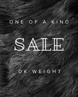 Text 'One of a Kind Sale DK Weight' on a textured black and white background