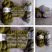 Load image into Gallery viewer, A four-panel collage showing multiple skeins of yarn and a knitted swatch. The yarn appears in olive green, lavender, and muted yellow tones, with white paper labels wrapped around some skeins.
