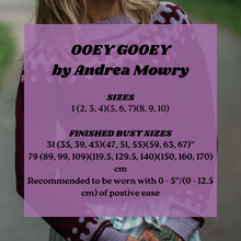 Load image into Gallery viewer, Purple label with text about &#39;OOEY GOOEY by Andrea Mowry&#39; clothing sizes and measurements.
