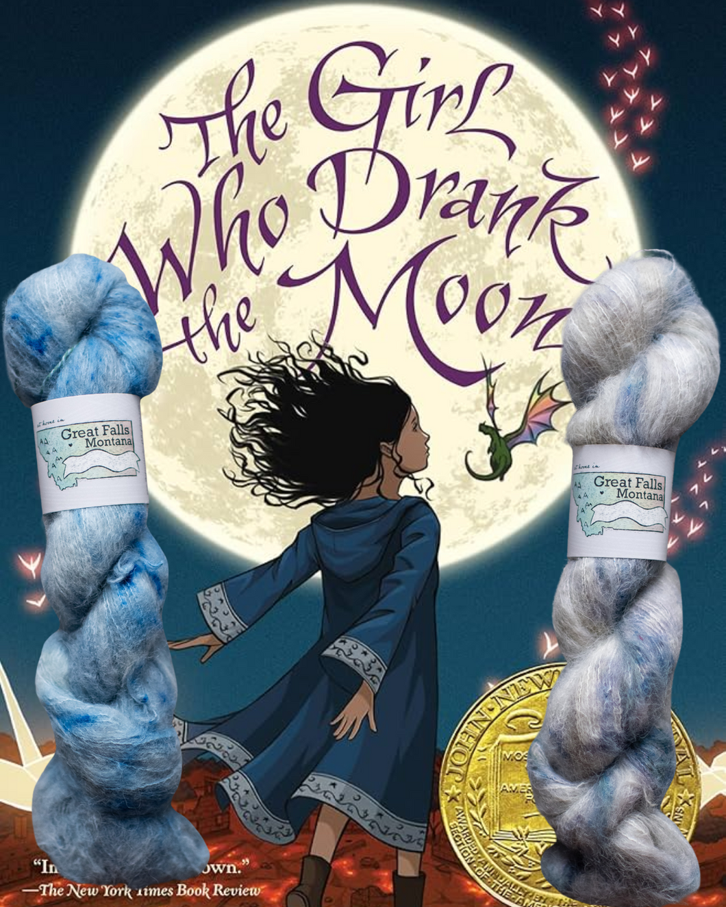 Book cover of 'The Girl Who Drank the Moon' with yarn and moon in background