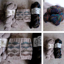 Load image into Gallery viewer, A collage showing several skeins of yarn and knitted swatches on a stone-like surface. The yarn comes in muted taupe/gray tones and dark multicolor variegated yarns with blue, teal, purple, and brown tones.