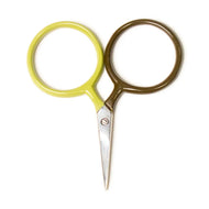 Pair of scissors with yellow and brown handles on a white background