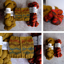 Load image into Gallery viewer, A 2x2 collage showing two skeins of variegated yarn and a matching knitted swatch from Spindle Works. The yarn is shown in two colorways: a mustard yellow and rust red, and a rust red and mustard yellow.