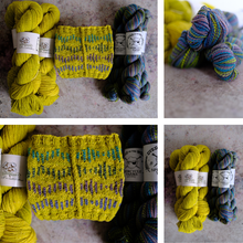 Load image into Gallery viewer, A four-panel collage showing skeins of variegated yarn and a knitted swatch. The yarn comes in bright yellow, dark teal-blue, and multicolor blue/green/teal blends, each with a white paper label.