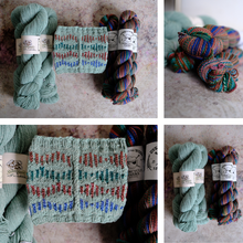 Load image into Gallery viewer, A four-panel collage showing skeins of yarn and a knitted swatch. The yarn comes in multiple colorways: a pale mint green, a multicolor variegated blend with red, blue, purple, and green, and a dark brown variegated blend.