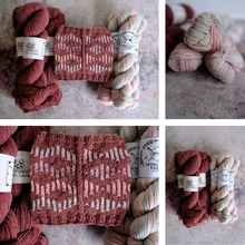 Load image into Gallery viewer, A four-panel collage showing skeins of yarn and knitted swatches in a coordinated soft colorway. The yarn labels read 'Cotton Spinning Yarn' and 'Blossom', with colors including dusty rose, muted pink, cream, and terracotta tones.