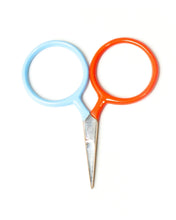 Load image into Gallery viewer, Pair of scissors with blue handle on the left and orange handle on the right against a white background