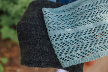 Load image into Gallery viewer, Close-up of a dark gray textured fabric and a light green lace fabric against a blurred natural background.