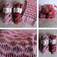 Load image into Gallery viewer, A four-panel collage showing variegated yarn skeins and a knitted sweater. The yarn comes in pink, red, orange, and purple tones with white labels.