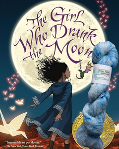 Book cover of 'The Girl Who Drank the Moon' with a girl, moon, and yarn ball.
