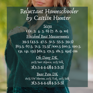 Person wearing a green sweater with text about clothing sizes and yarn details.