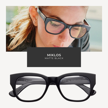 Load image into Gallery viewer, Black glasses with 'Miklos' branding on a white background