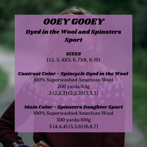 Purple label with text about yarn types and specifications on a blurred background
