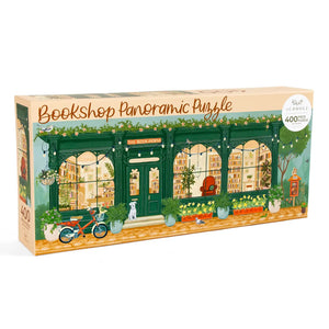Box of a bookshop panoramic puzzle with a scenic design.