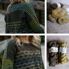 Load image into Gallery viewer, A four-panel collage showing a knitted sweater worn by a person from the back and front, along with close-up shots of yarn skeins in matching earthy olive, gray, and yellow tones. The sweater has a dark charcoal base with striped and wavy knit patterns in olive green, blue, and tan.