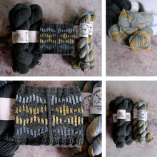 Load image into Gallery viewer, A four-panel collage showing skeins and balls of yarn alongside knitted swatches. The yarn comes in dark charcoal gray, black, and variegated blue-gray and mustard yellow mixes.