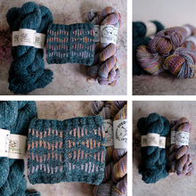 Load image into Gallery viewer, A four-panel collage showing several skeins of yarn and a small knitted swatch. The yarn includes dark teal, purple, pink, and multicolor variegated shades, each with a paper label.