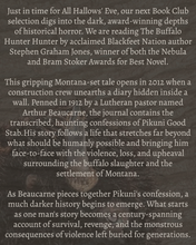 Load image into Gallery viewer, A book club selection blurb for 'The Buffalo Hunter' by Stephen Graham Jones, featuring three paragraphs of white serif text on a dark, textured background.