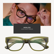 Load image into Gallery viewer, Green eyeglasses with 'Miklos' branding on a white background