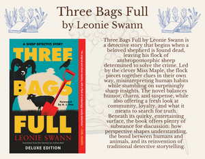 Book cover of 'Three Bags Full' by Leonie Swann with text description on a white background