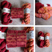 Load image into Gallery viewer, Four-panel collage showing skeins of variegated yarn alongside a knitted swatch. The yarn comes in shades of deep red, orange, pink, and yellow, with white paper labels that read 'Sedona Yarn' and 'Sedona Alpaca Yarn.