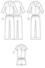 Load image into Gallery viewer, Line drawings of a shirt and pants set, shorts, and a jacket on a white background