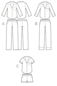 Line drawings of a shirt and pants set, shorts, and a jacket on a white background
