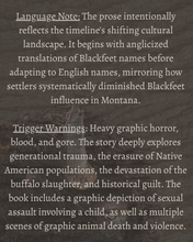 Load image into Gallery viewer, A book cover or digital cover image with a dark textured background and white text outlining language notes and trigger warnings for a graphic horror story.